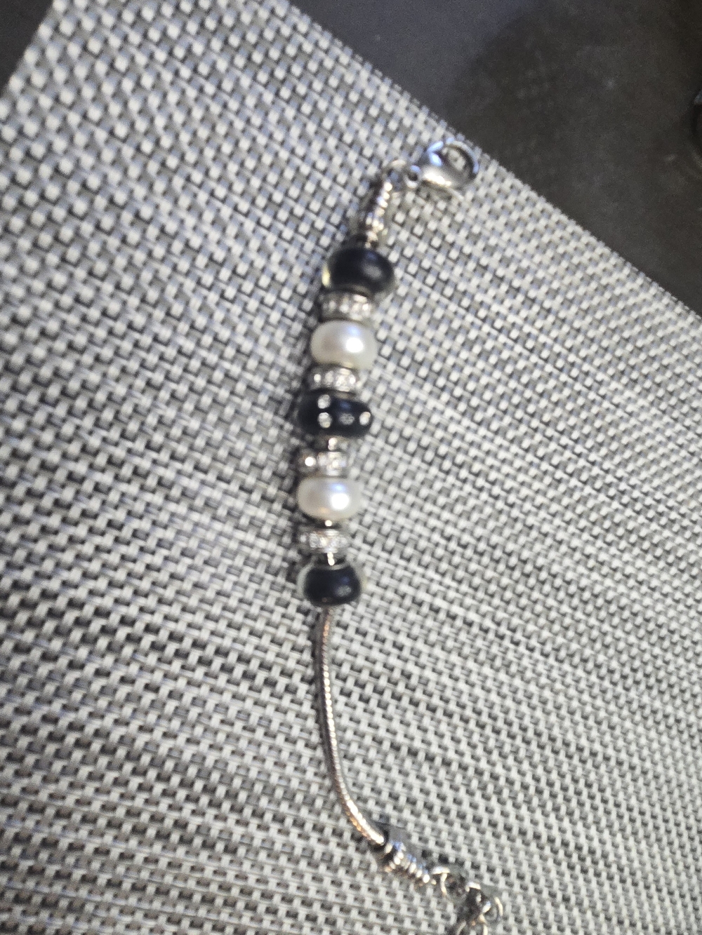 Silver Black and White Bead Charm Bracelet
